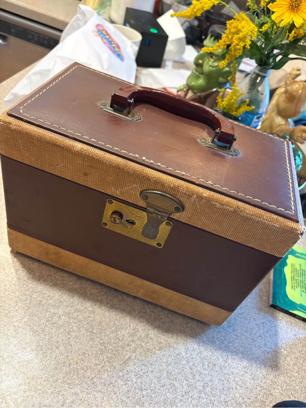 Vintage Brown & Tan Train Sewing Storage Case with Handle 1950s luggage